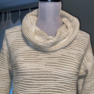 New York & Company gold metallic and white cowl neck knit sweater split seam med